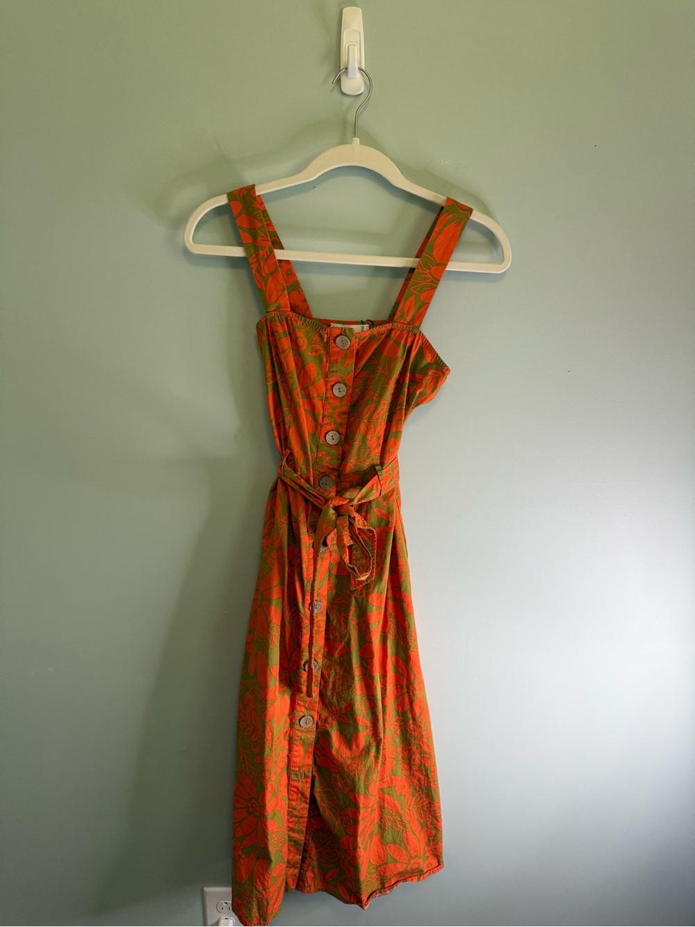 Mango Tropical Print Button Front Midi Dress Cotton Floral Orange Green Size 4 - Picture 4 of 9